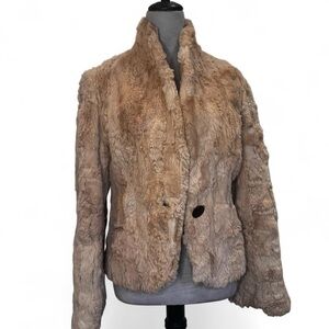 Vintage Korean Rabbit Fur Cropped Jacket Beige Patchwork Size M